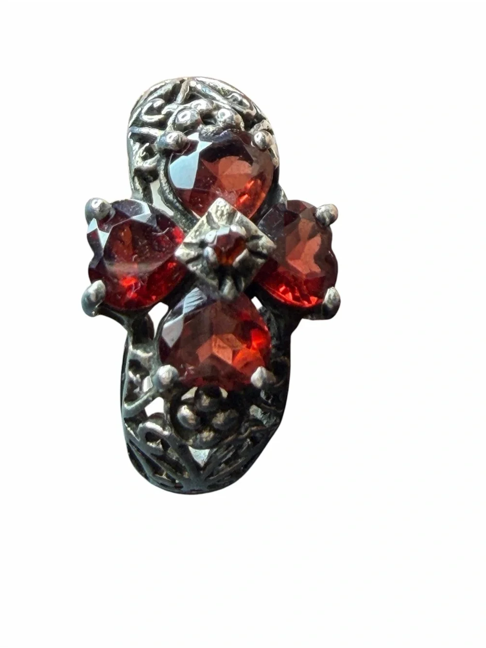Sterling Silver Garnet Four Leaf Ring - Red Gemstone Band Size 7